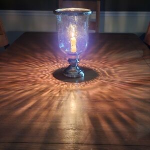 Hurricane Candle Holder Center Piece with Pebbled Glass & Hammered Metal Work